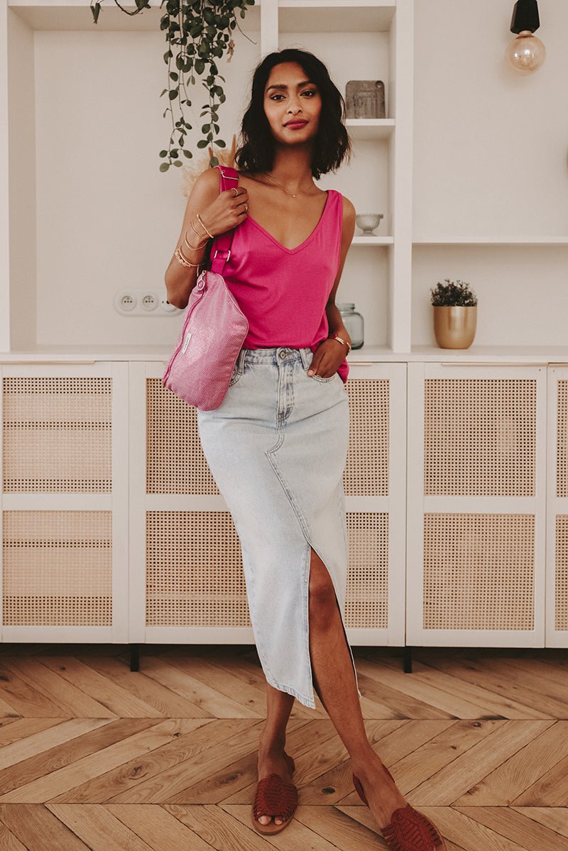 Ärmelloses Top mit V - Ausschnitt in Hibiskus - Pink - Blossom Hair & Fashion