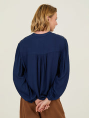 Bluse langarm navy mit Stickerei & Bindeband - Blossom Hair & Fashion