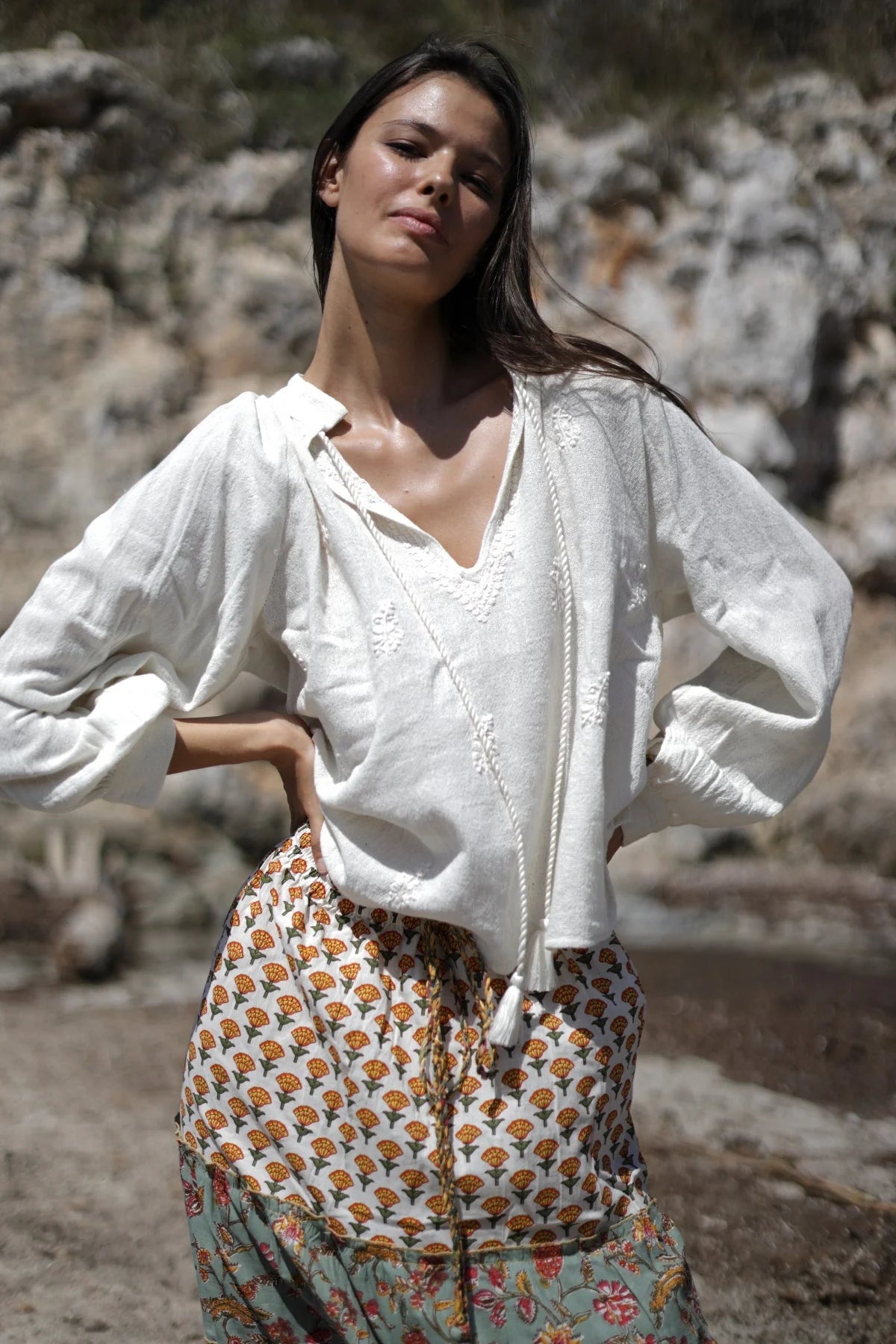 Boho - Bluse in Naturweiß mit Stickerei - Blossom Hair & Fashion