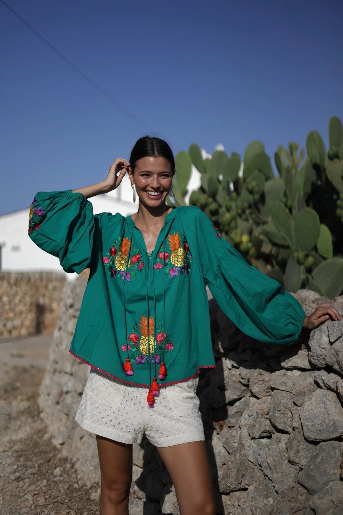 Bestickte Boho-Bluse mit Volumenärmeln – Baumwolle