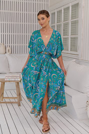 Boho Maxikleid Türkis mit Paisley - Muster – Luftig & Feminin für den Sommer - Blossom Hair & Fashion