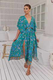Boho Maxikleid Türkis mit Paisley - Muster – Luftig & Feminin für den Sommer - Blossom Hair & Fashion