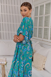 Boho Maxikleid Türkis mit Paisley - Muster – Luftig & Feminin für den Sommer - Blossom Hair & Fashion