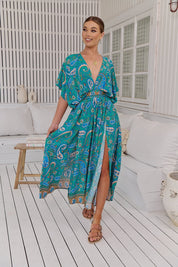 Boho Maxikleid Türkis mit Paisley - Muster – Luftig & Feminin für den Sommer - Blossom Hair & Fashion