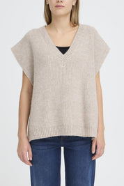 Damen Strickponcho Beige – ärmellos mit V - Ausschnitt - Blossom Hair & Fashion