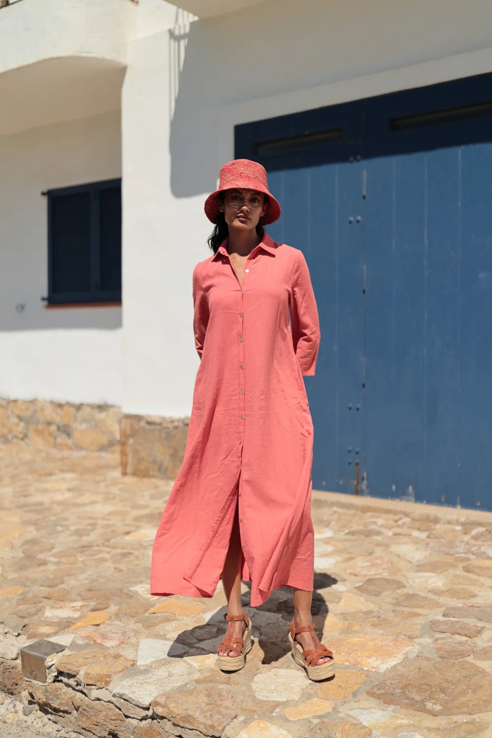 Korallfarbenes Hemdblusenkleid aus Baumwolle - Blossom Hair & Fashion