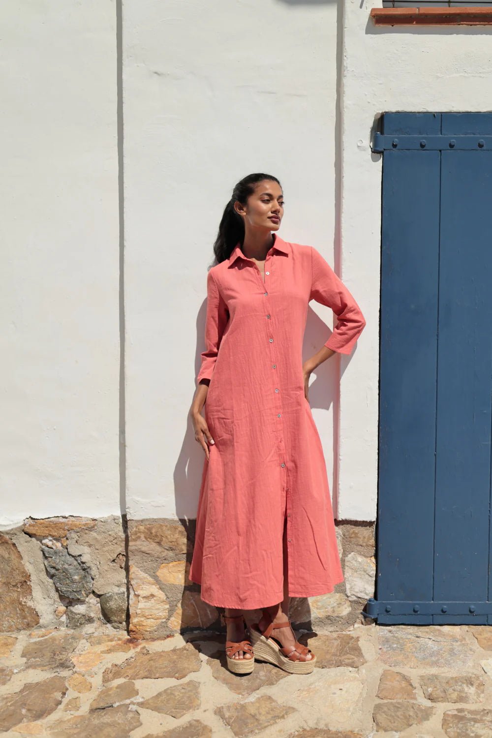 Korallfarbenes Hemdblusenkleid aus Baumwolle - Blossom Hair & Fashion