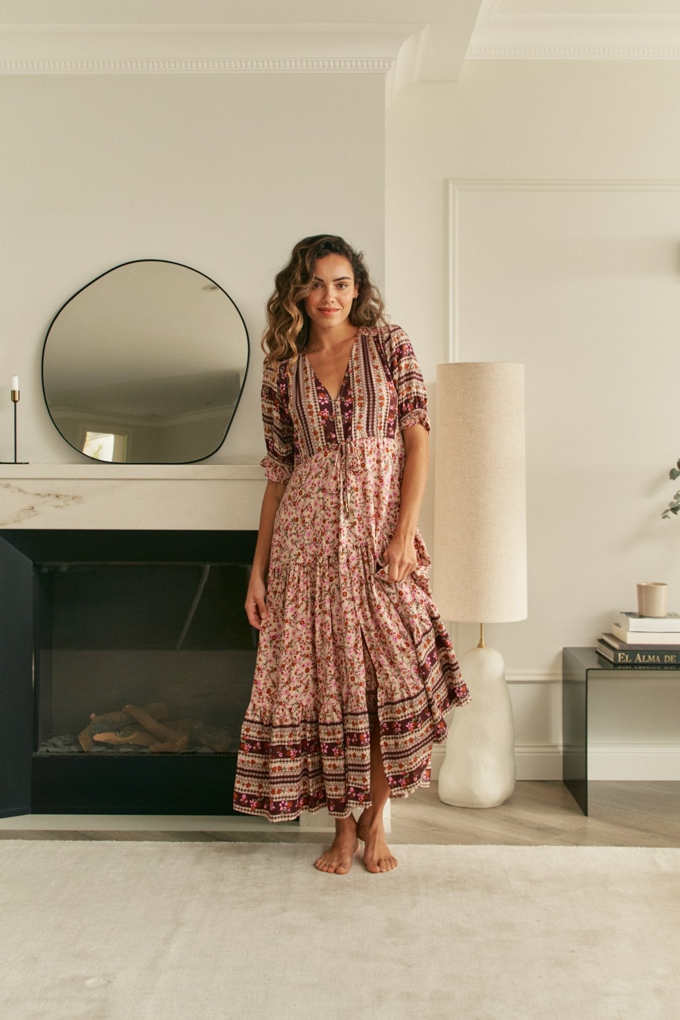 Damen Boho Blumen Langarm Kleid – Vintage Print Maxikleid main image 1