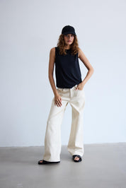 Weite Hose in Naturton mit High Waist - Blossom Hair & Fashion