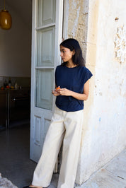 Weite Hose in Naturton mit High Waist - Blossom Hair & Fashion