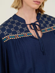 Bluse langarm navy mit Stickerei & Bindeband - Blossom Hair & Fashion