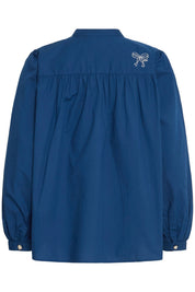 Bluse langarm Stehkragen blau bestickt - Blossom Hair & Fashion