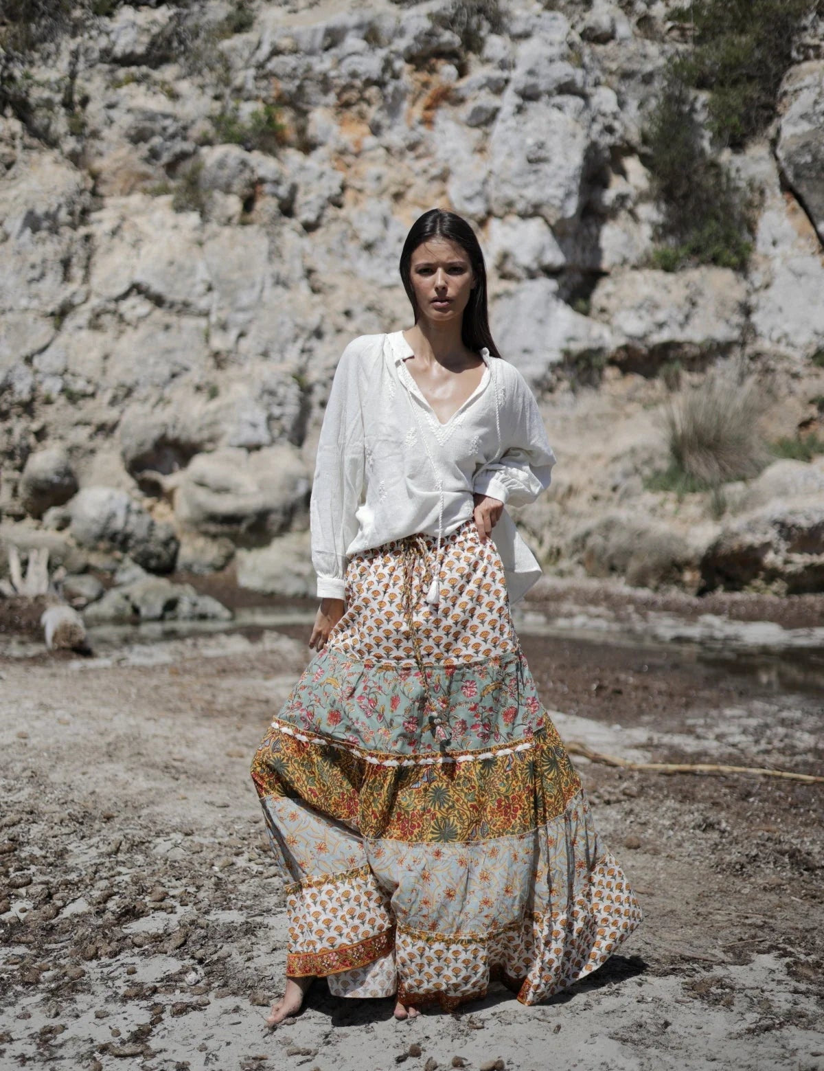 Boho Maxirock mit Patchwork - Print aus Baumwolle - Blossom Hair & Fashion