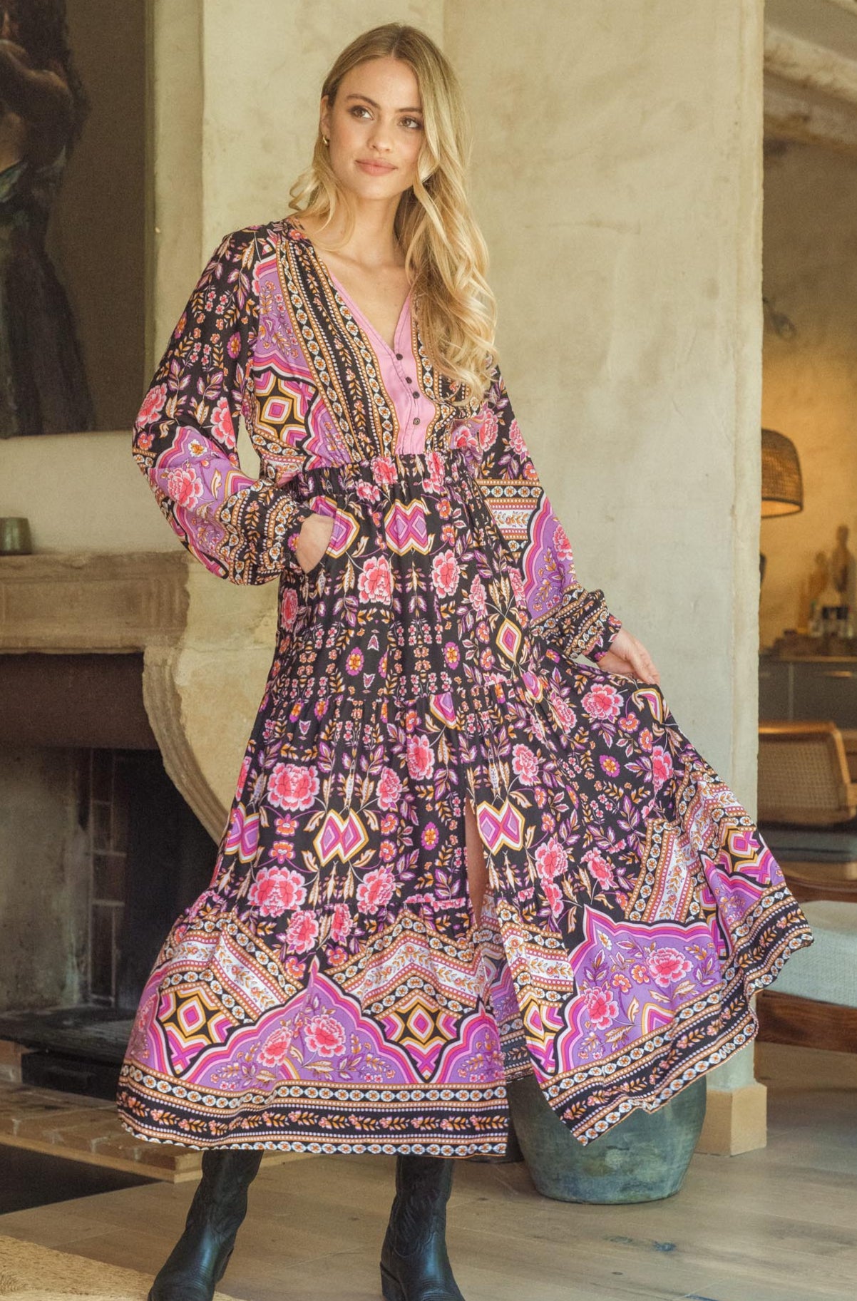 Damen Maxi Winterkleid mit Blumenmuster und langen Ärmeln - Blossom Hair & Fashion