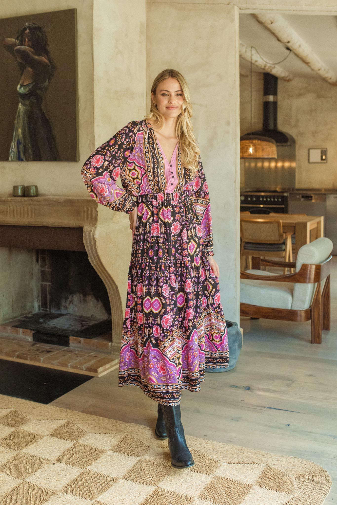 Damen Maxi Winterkleid mit Blumenmuster und langen Ärmeln - Blossom Hair & Fashion