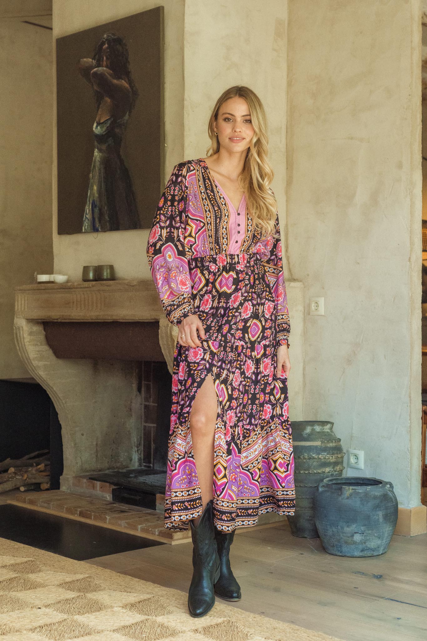 Damen Maxi Winterkleid mit Blumenmuster und langen Ärmeln - Blossom Hair & Fashion