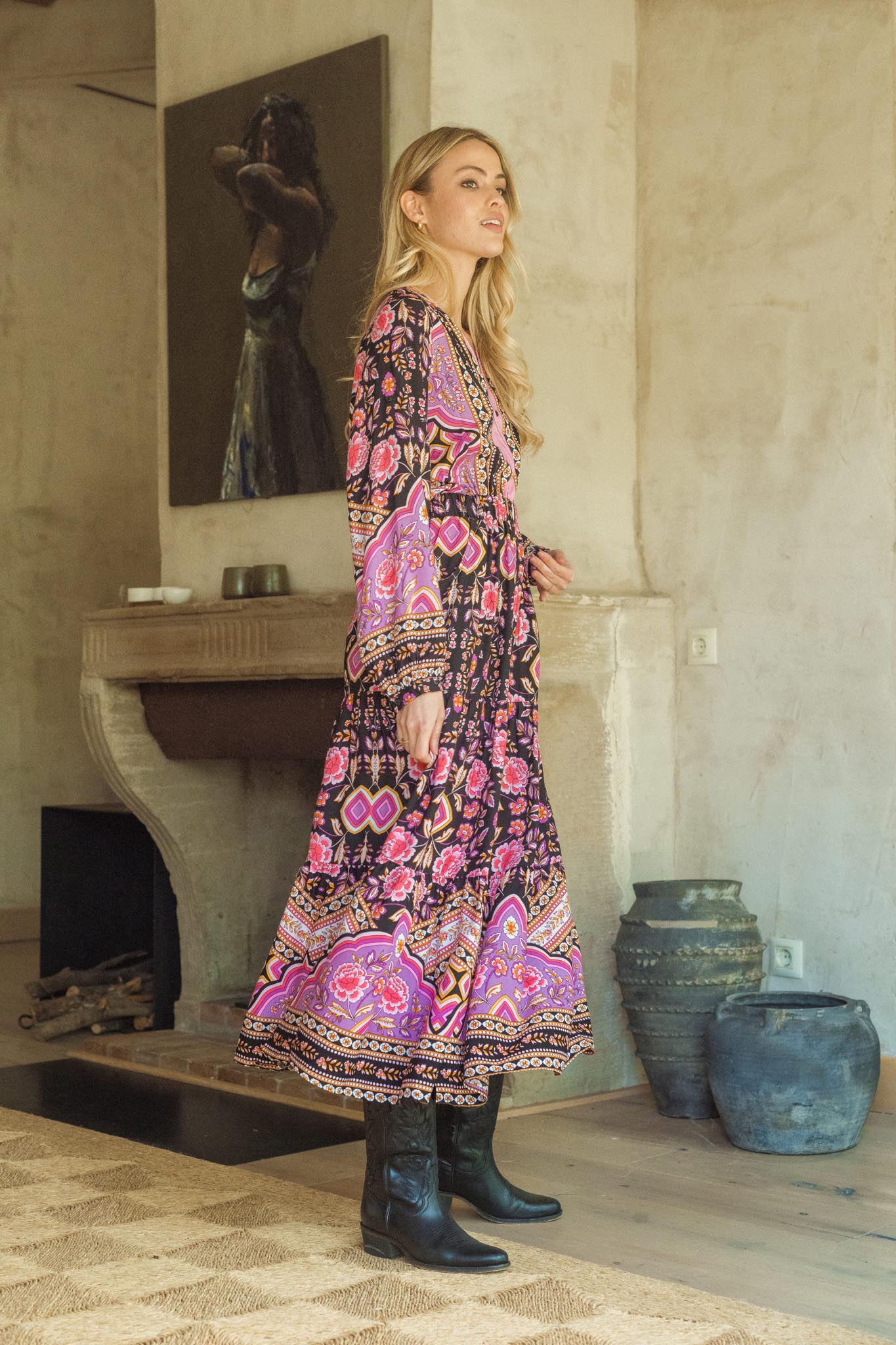 Damen Maxi Winterkleid mit Blumenmuster und langen Ärmeln - Blossom Hair & Fashion
