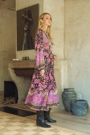 Damen Maxi Winterkleid mit Blumenmuster und langen Ärmeln - Blossom Hair & Fashion