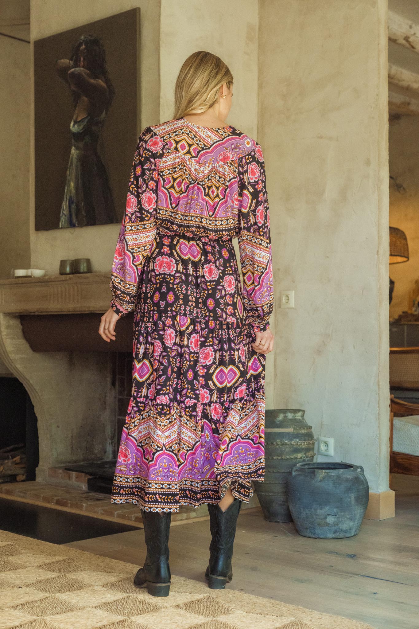Damen Maxi Winterkleid mit Blumenmuster und langen Ärmeln - Blossom Hair & Fashion