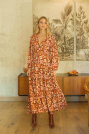 Damen Maxi Winterkleid mit Blumenprint und langen Ärmeln - Blossom Hair & Fashion