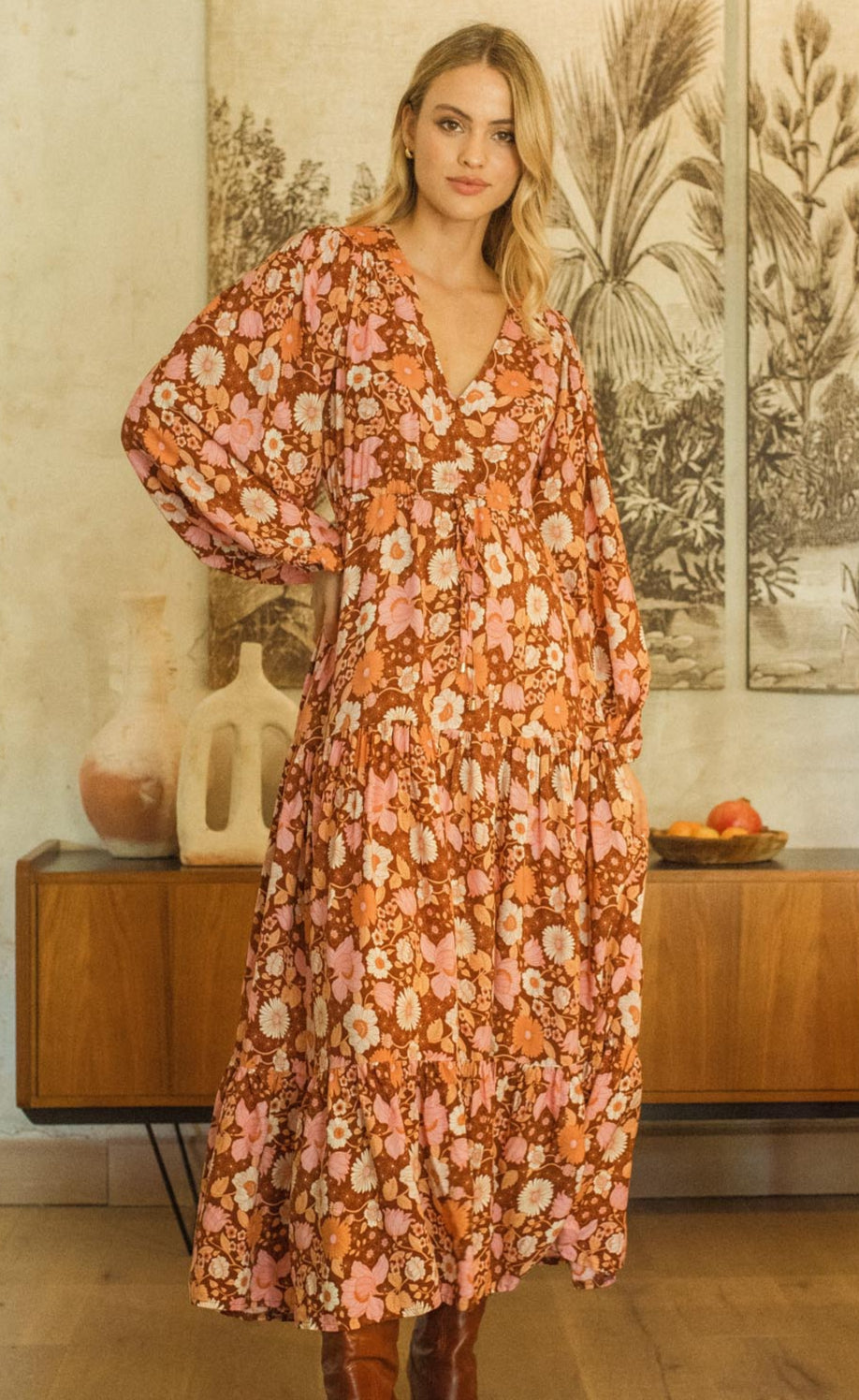 Damen Maxi Winterkleid mit Blumenprint und langen Ärmeln - Blossom Hair & Fashion