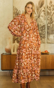 Damen Maxi Winterkleid mit Blumenprint und langen Ärmeln - Blossom Hair & Fashion