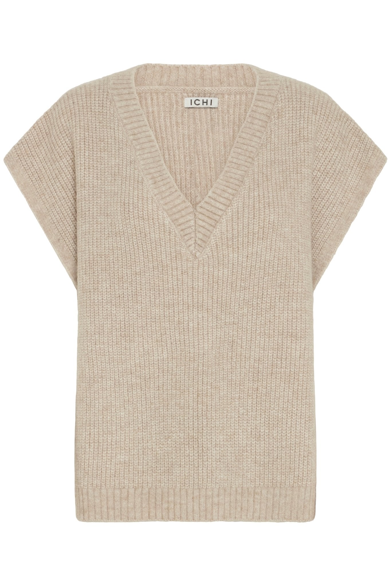 Damen Strickponcho Beige – ärmellos mit V - Ausschnitt - Blossom Hair & Fashion