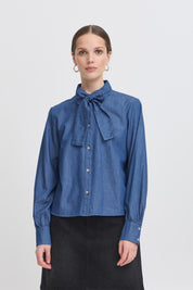 Damenbluse mit Schleife und Puffärmeln in Denim - Optik - Blossom Hair & Fashion