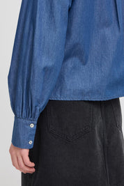 Damenbluse mit Schleife und Puffärmeln in Denim - Optik - Blossom Hair & Fashion