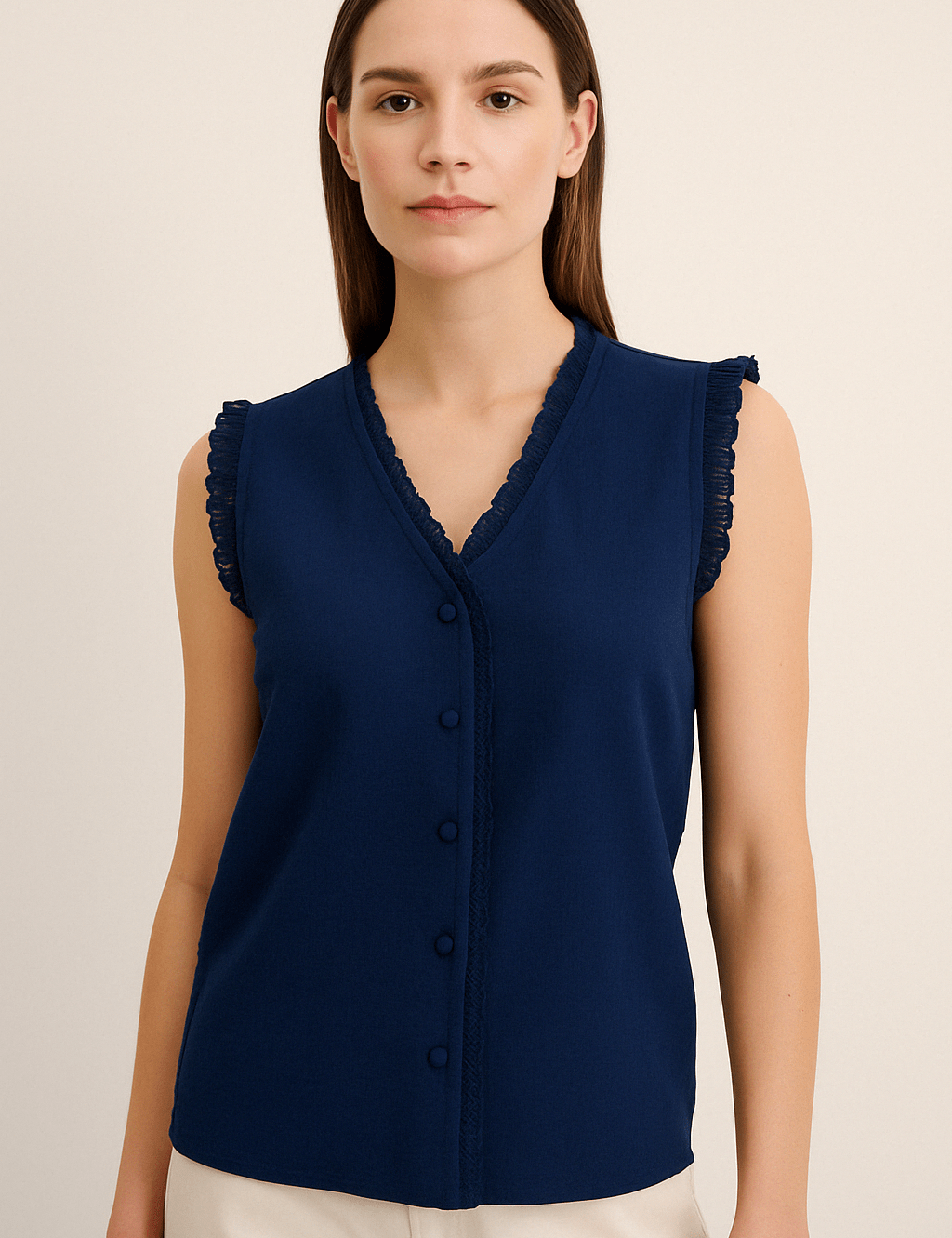 Dunkelblaue ärmellose Baumwollbluse mit Knopfleiste und Lochspitze - Blossom Hair & Fashion
