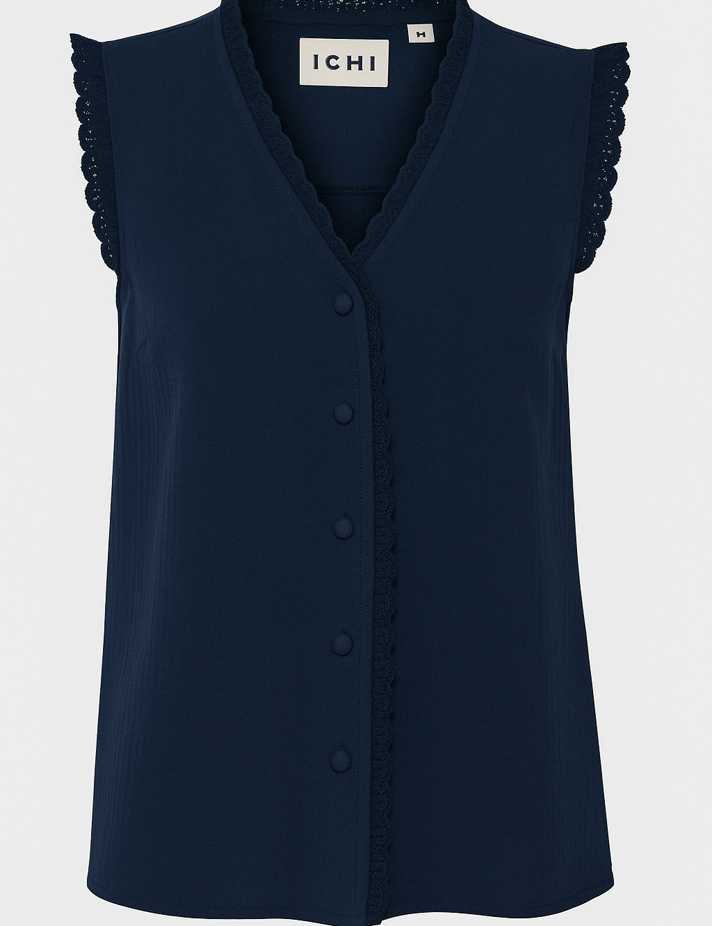 Dunkelblaue ärmellose Baumwollbluse mit Knopfleiste und Lochspitze - Blossom Hair & Fashion