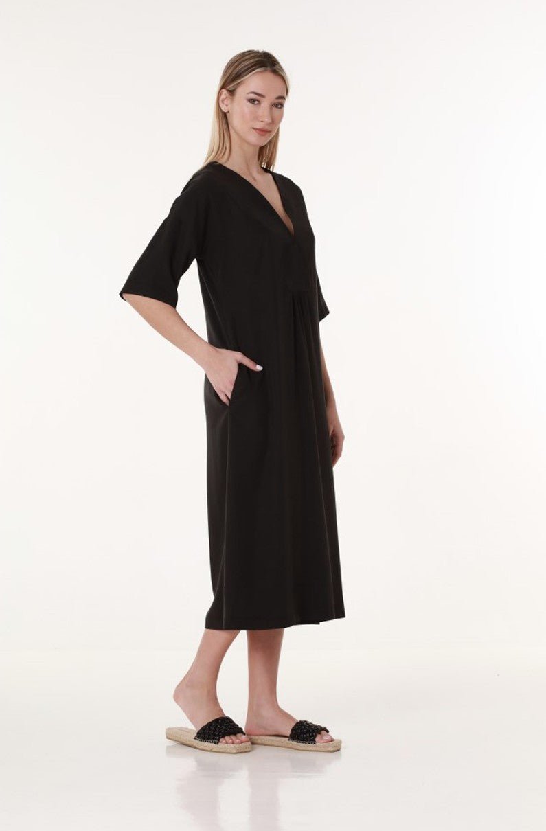 Elegantes Damenkleid mit tiefem V - Ausschnitt in Schwarz - Blossom Hair & Fashion