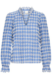 Gemusterte Bluse mit V Ausschnitt und Spitzenkante - Blossom Hair & Fashion