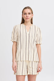 Gestreifte Baumwollbluse mit kurzen Ärmeln und Knopfleiste - Blossom Hair & Fashion
