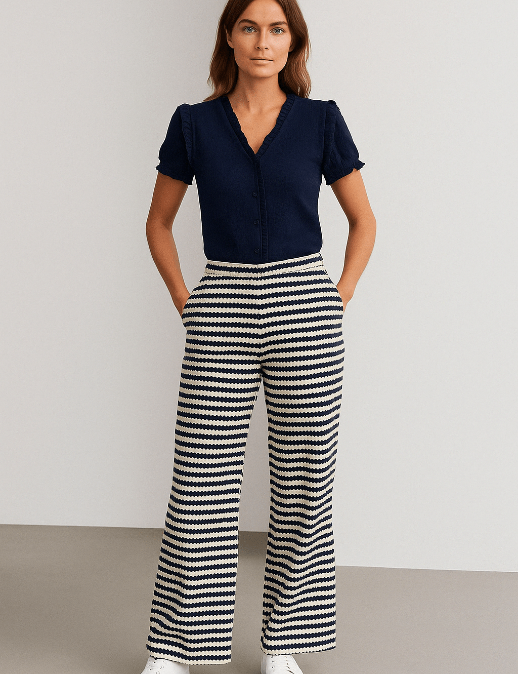 Gestreifte High - Waist Strickhose mit weitem Bein - Blossom Hair & Fashion