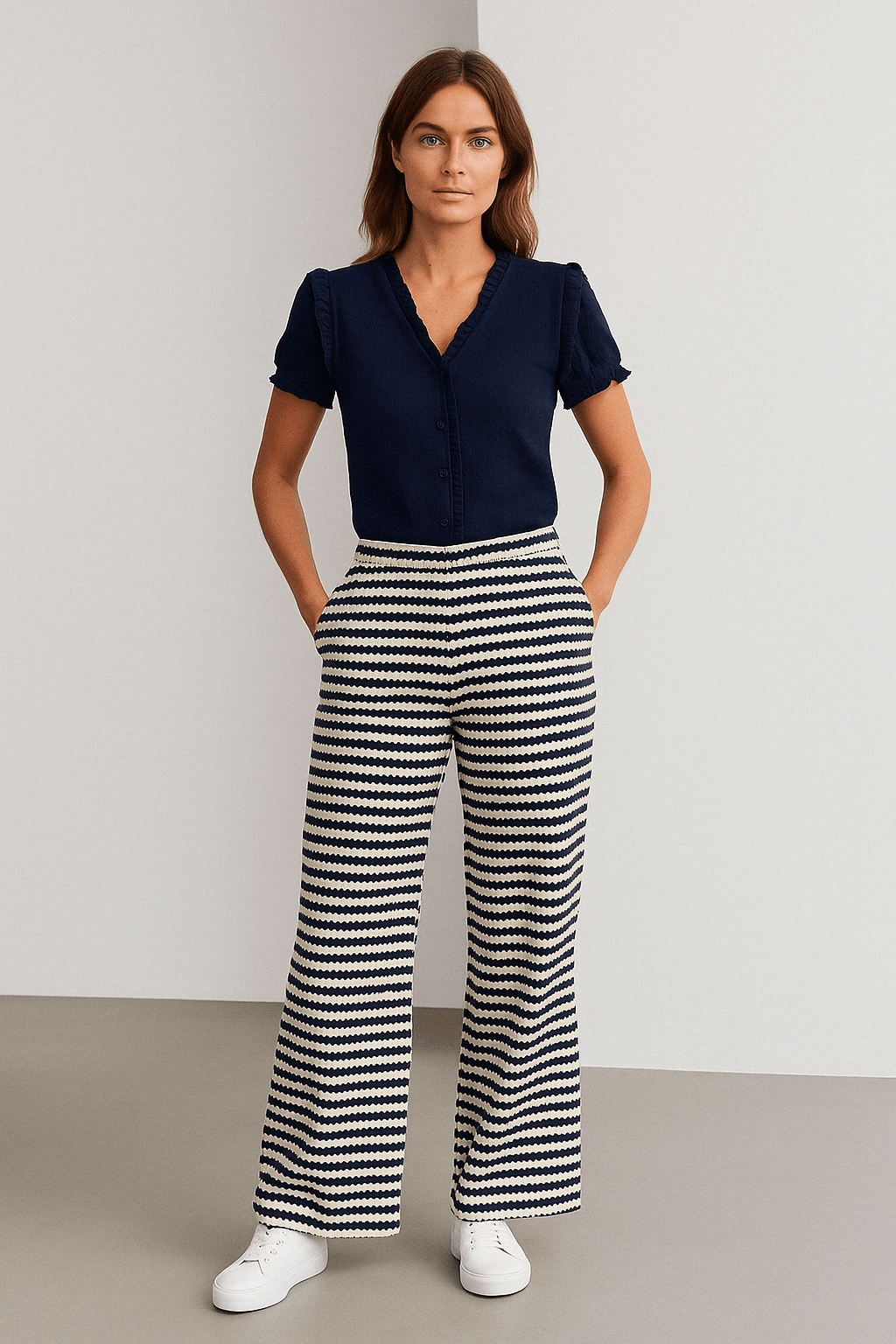 Gestreifte High - Waist Strickhose mit weitem Bein - Blossom Hair & Fashion
