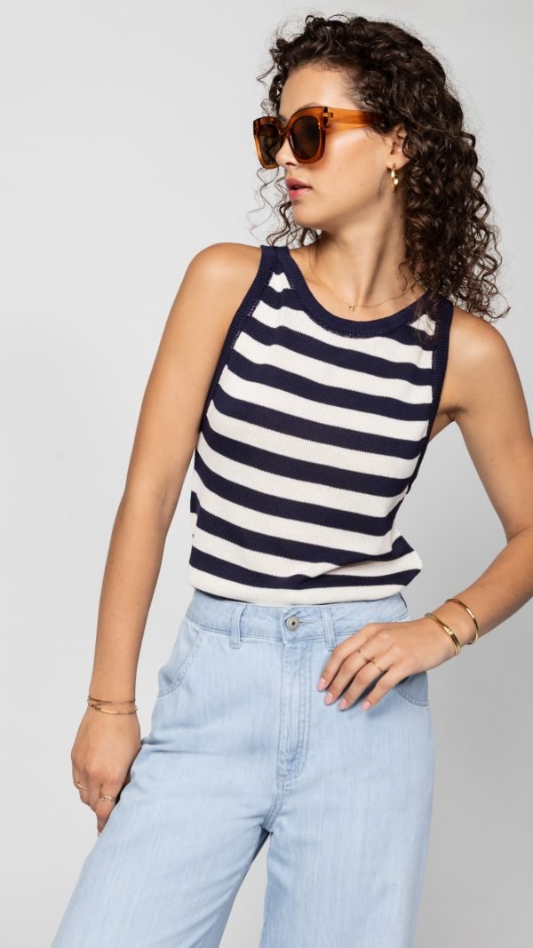 Gestreiftes Tanktop aus Viskose in Oliv und Weiß - Blossom Hair & Fashion
