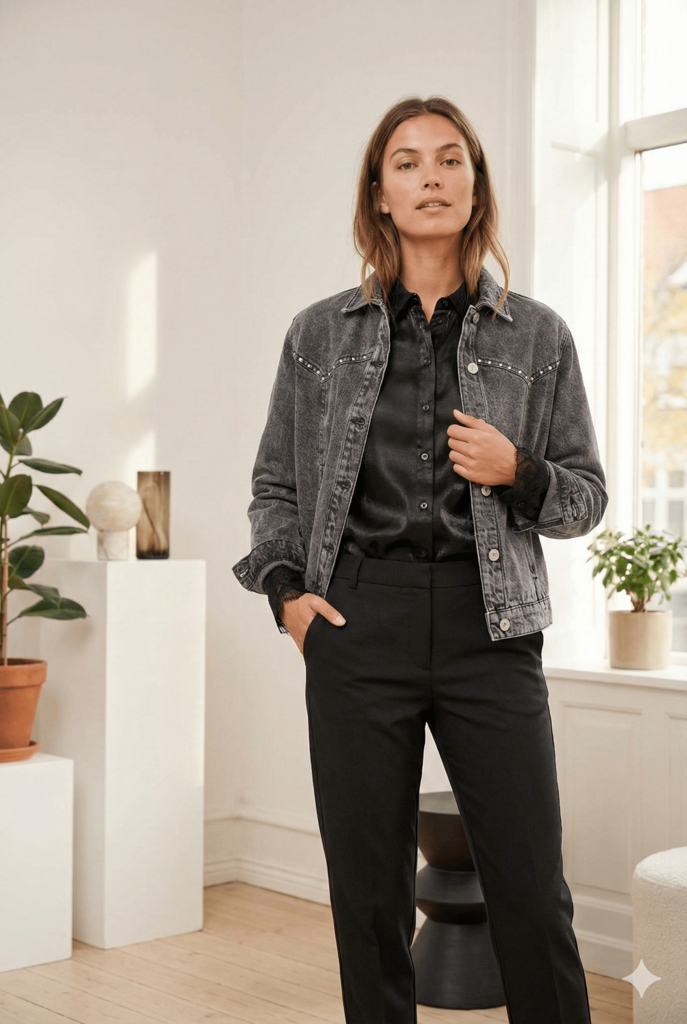 Graue Jeansjacke mit Nieten - Details - Blossom Hair & Fashion