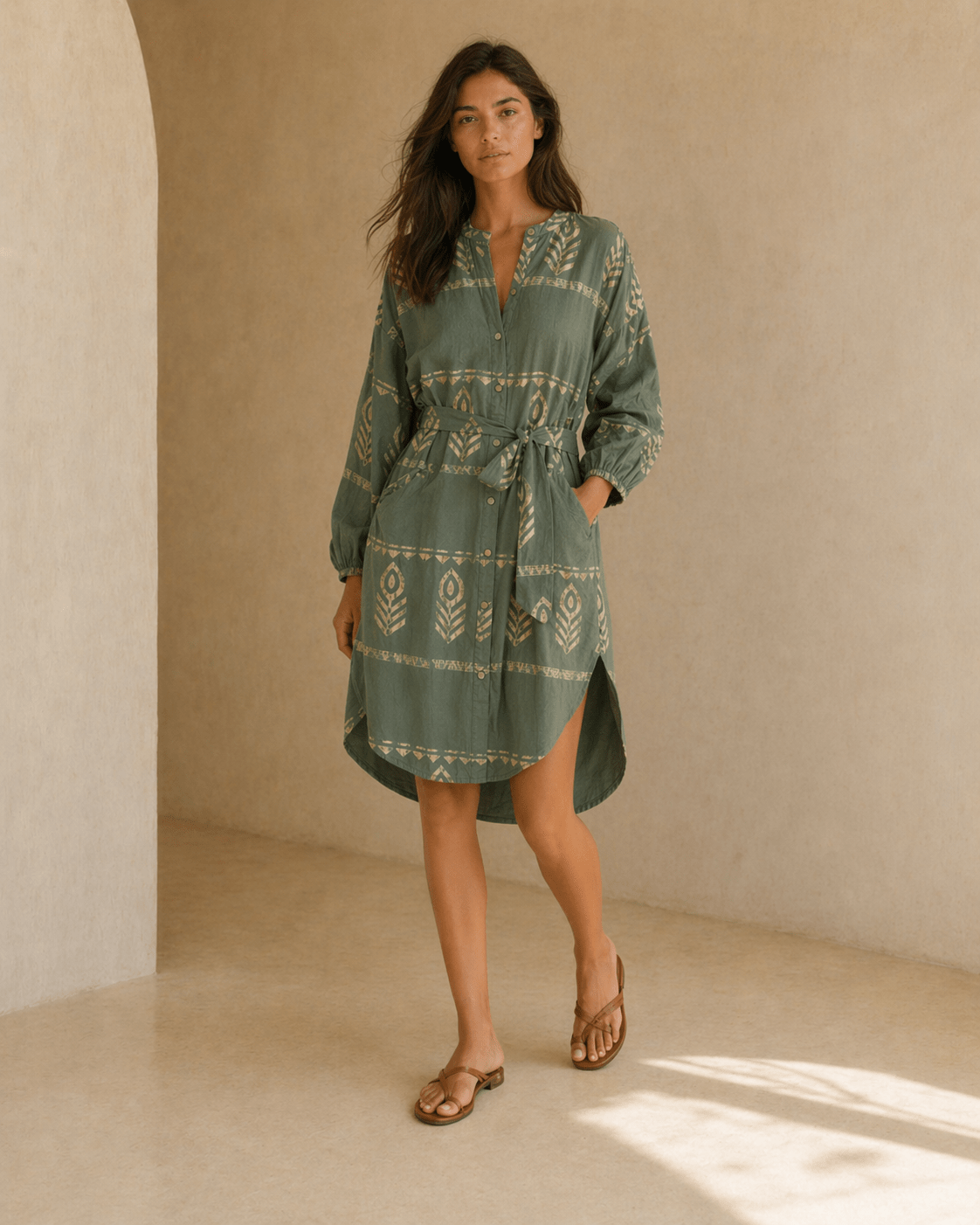Hemdblusenkleid mit Muster aus Baumwolle in Grün oder Blau - Blossom Hair & Fashion