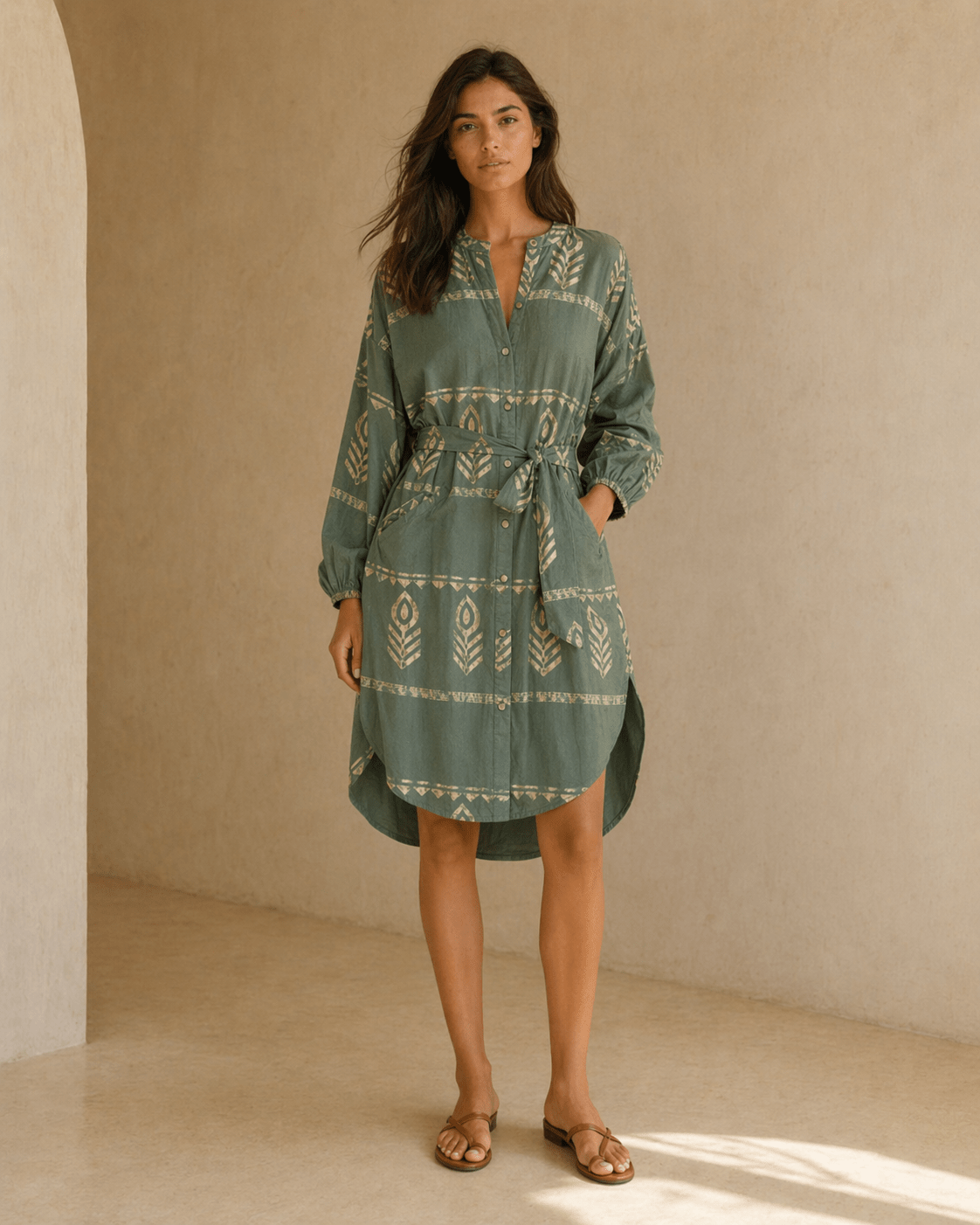Hemdblusenkleid mit Muster aus Baumwolle in Grün oder Blau - Blossom Hair & Fashion
