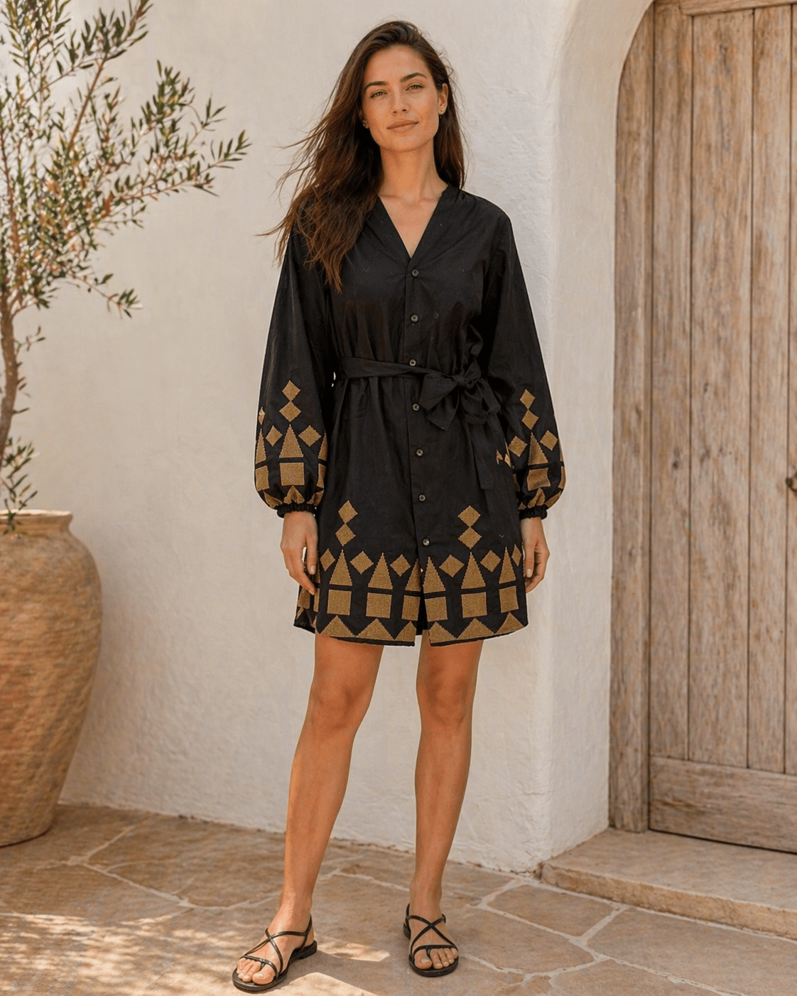 Hemdblusenkleid Schwarz mit Stickerei - Blossom Hair & Fashion