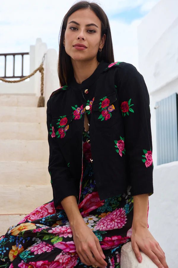 Jacke aus Baumwolle mit floraler Stickerei in Schwarz - Blossom Hair & Fashion