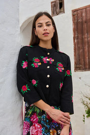 Jacke aus Baumwolle mit floraler Stickerei in Schwarz - Blossom Hair & Fashion