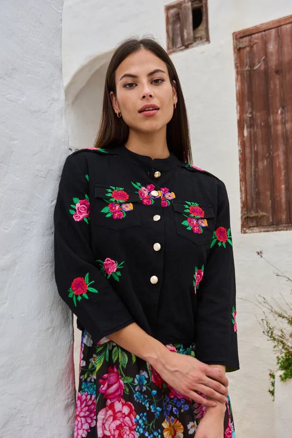 Jacke aus Baumwolle mit floraler Stickerei in Schwarz - Blossom Hair & Fashion