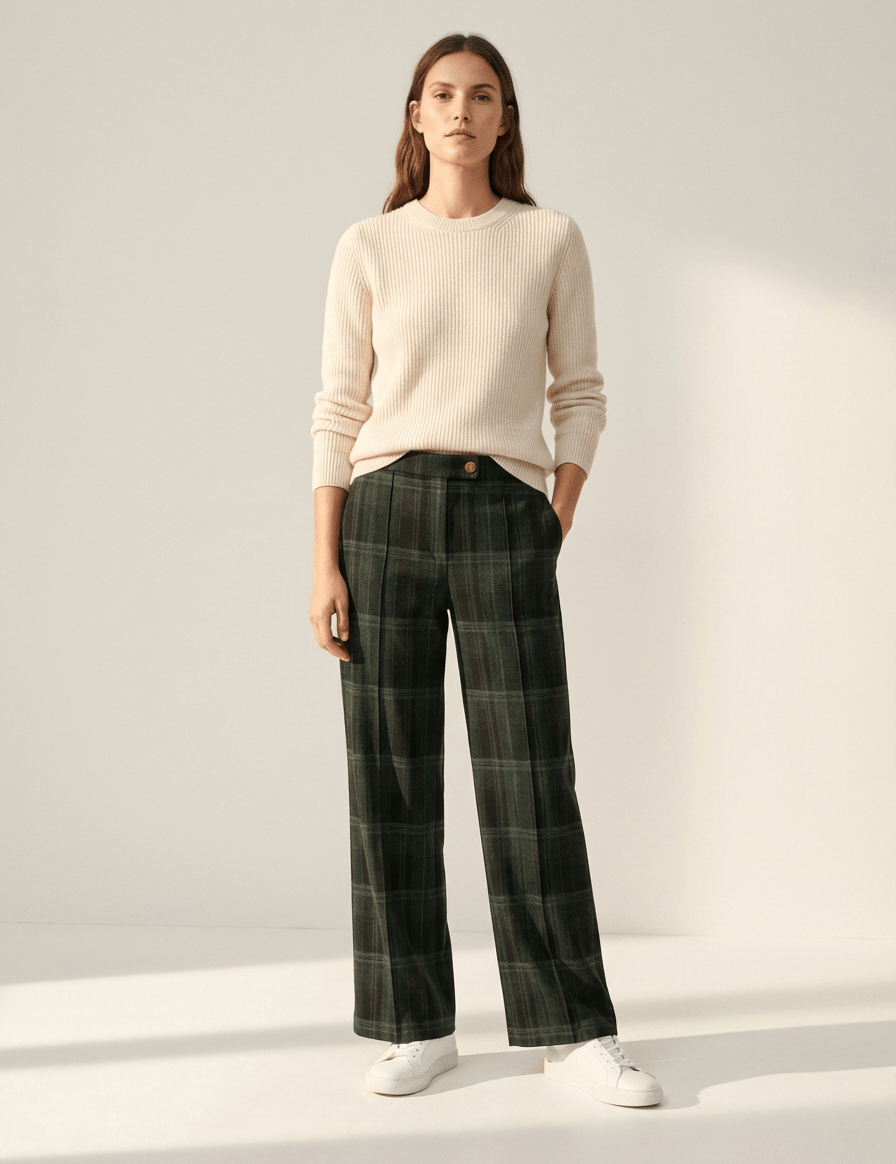 Karierte Hose Damen Schwarz Grün – Wide Leg - Blossom Hair & Fashion