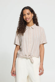 Kurzarmbluse mit Bindedetail gestreift oder beige - Blossom Hair & Fashion