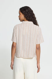 Kurzarmbluse mit Bindedetail gestreift oder beige - Blossom Hair & Fashion