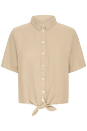 Kurzarmbluse mit Bindedetail gestreift oder beige - Blossom Hair & Fashion