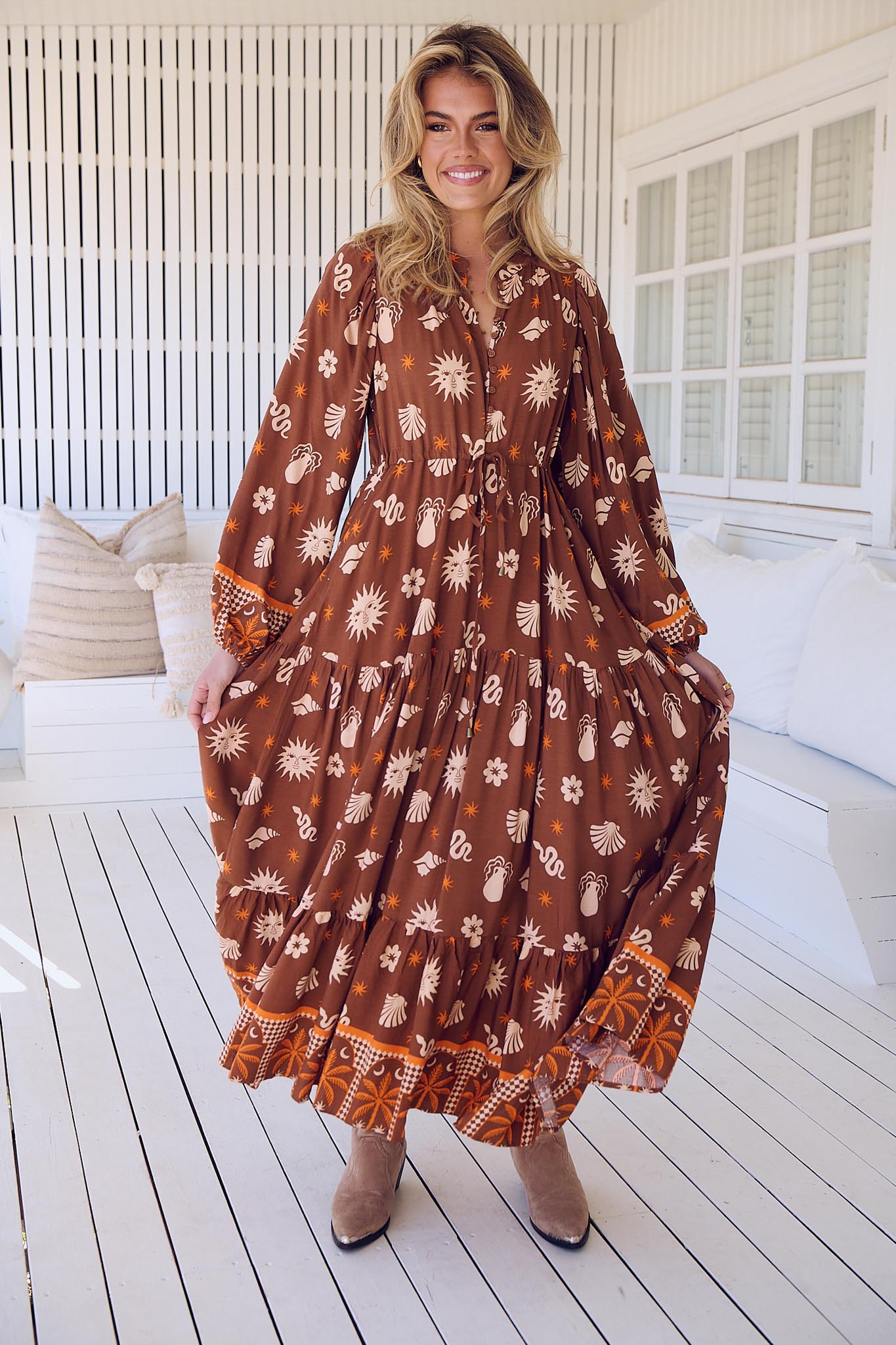 Maxikleid Damen mit Bindeband und Allovermuster - Blossom Hair & Fashion