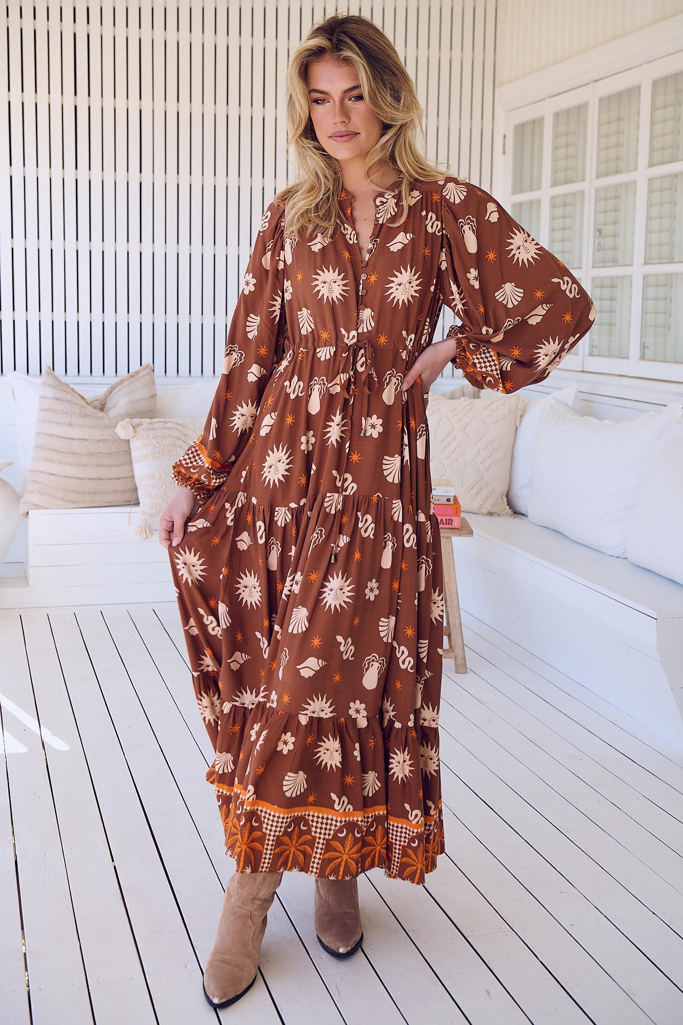 Maxikleid Damen mit Bindeband und Allovermuster - Blossom Hair & Fashion